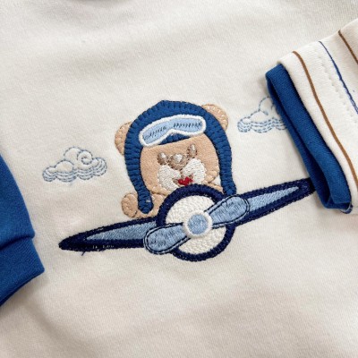 Conj. de Malha 3 peças - Ursinho Aviador - Marinho e Off White